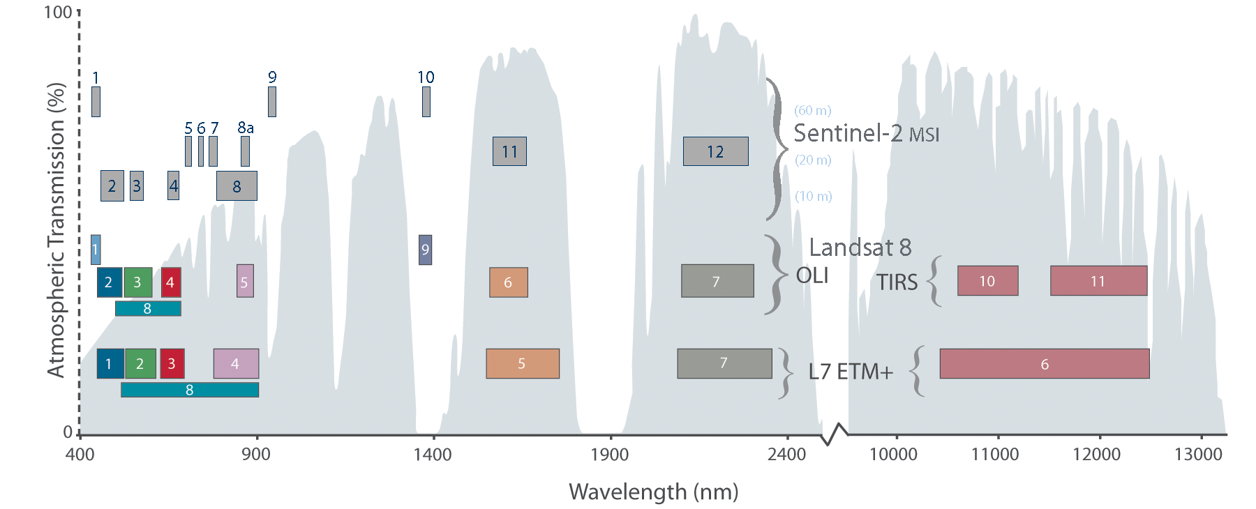 Comparison of Landsat and Sentinel-2 and location of the spectral bands. The numbers indicate the number of spectral bands considered in each sensor [@NASA2021]