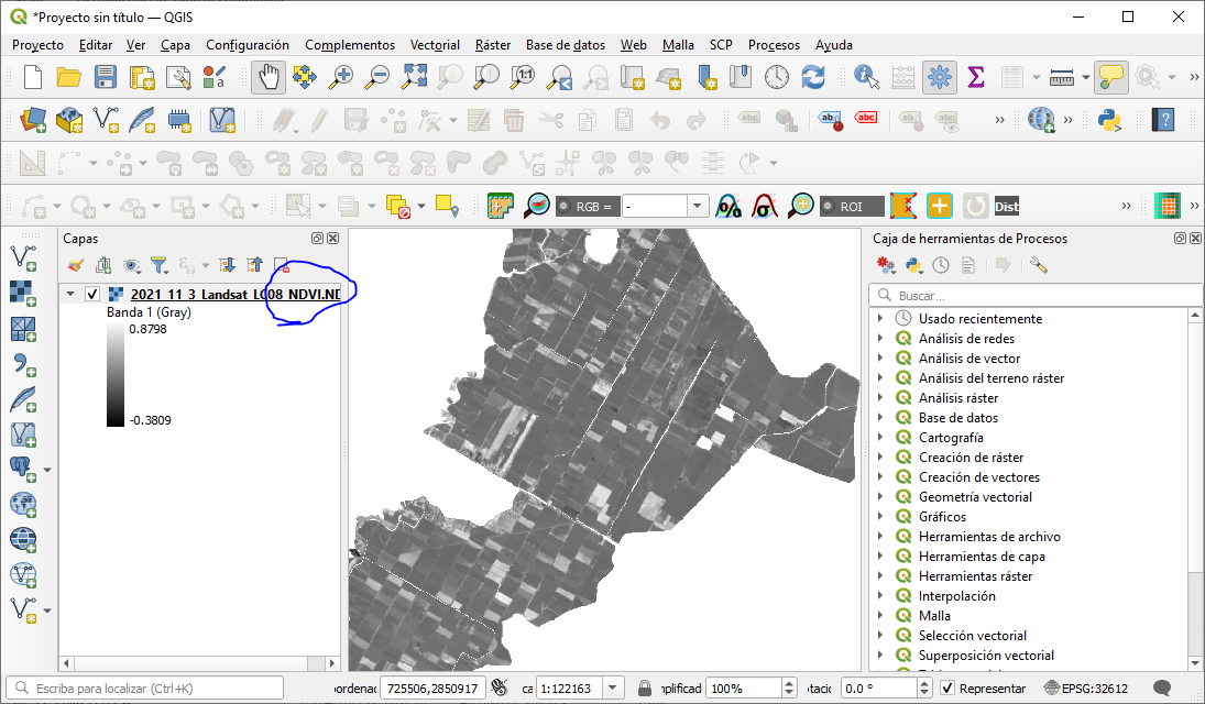 NDVI image displayed in QGIS